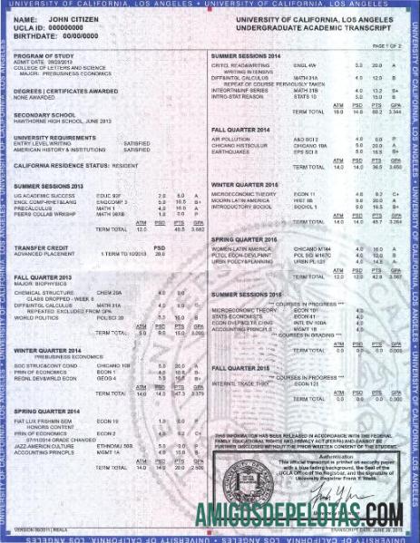 Histórico escolar oficial de graduação da Universidade da Califórnia, Los Angeles, 2 páginas amostra